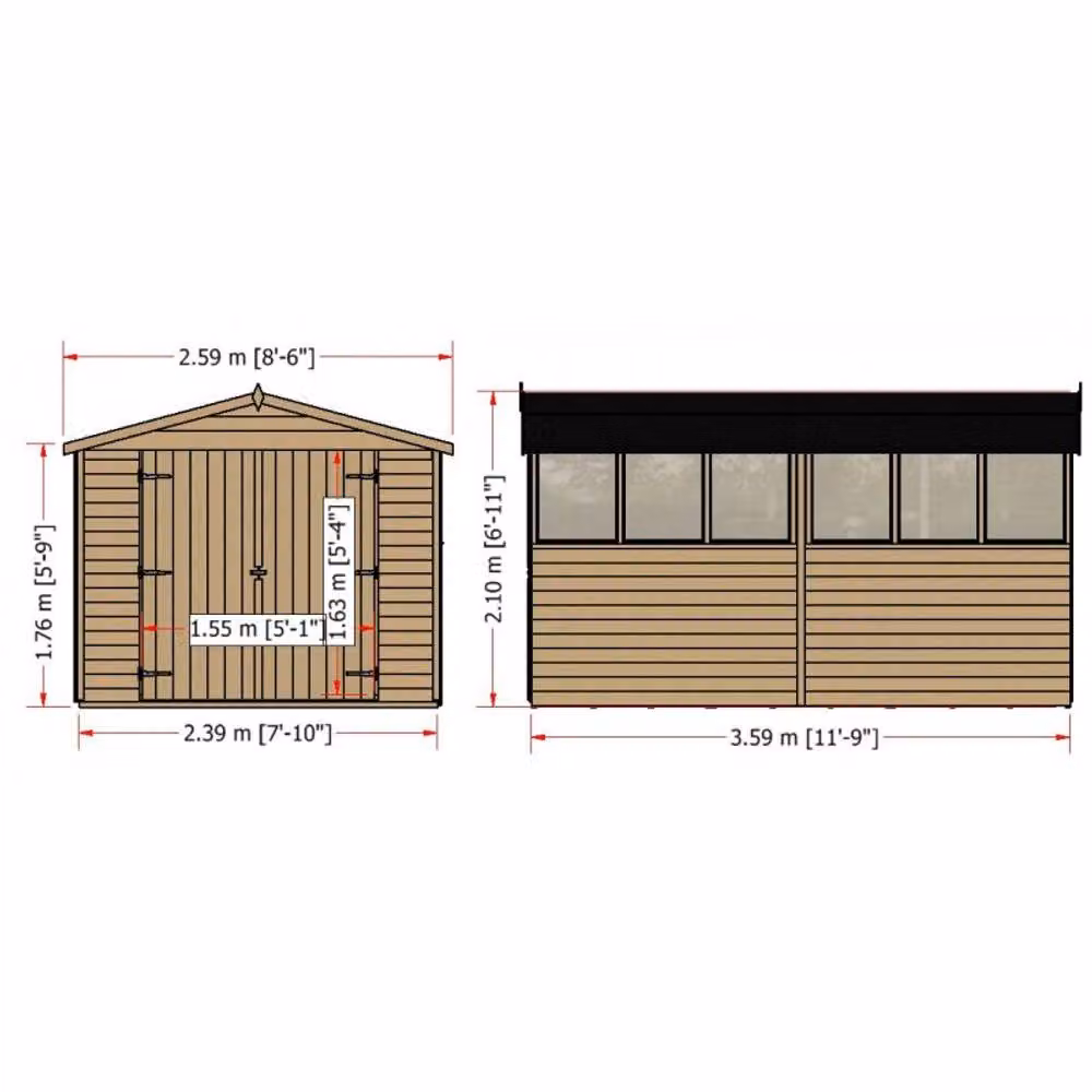 Shires Brown Dip Treated Apex Overlap Wooden Shed with Double Doors and Windows, W: 365.76 cm, D: 239.0 cm, H: 194.2 cm – 2