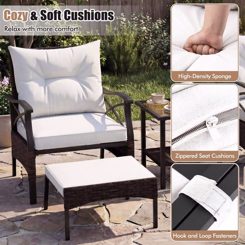 Gymax 5 Piece Dark Brown Polyrattan Patio Set with Armchairs, Coffee Table, Ottomans and Cushions – 7
