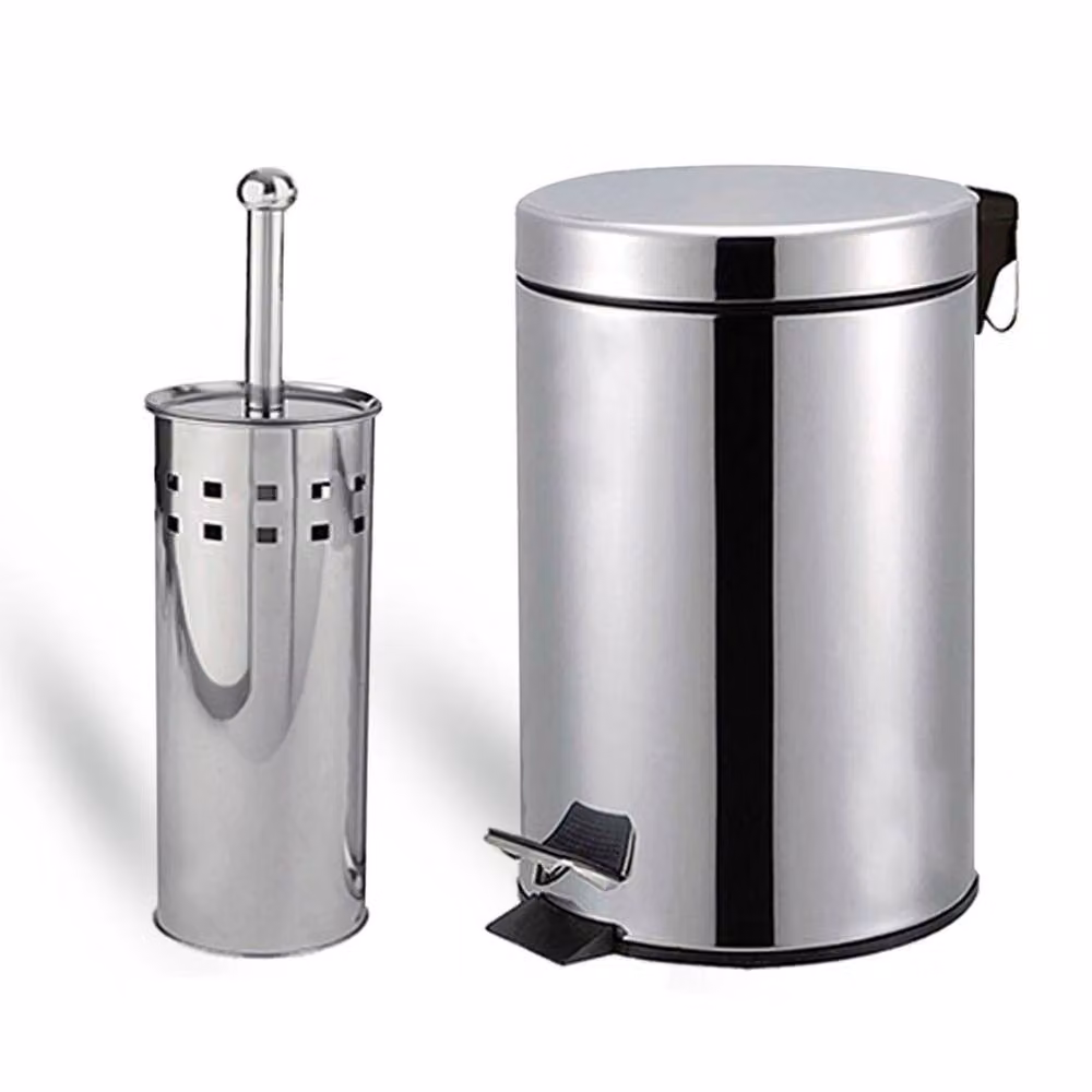 PAWNORA Silver Stainless Steel Bathroom Waste Bin and Toilet Brush Holder Set with Pedal and Odour Filter – 2