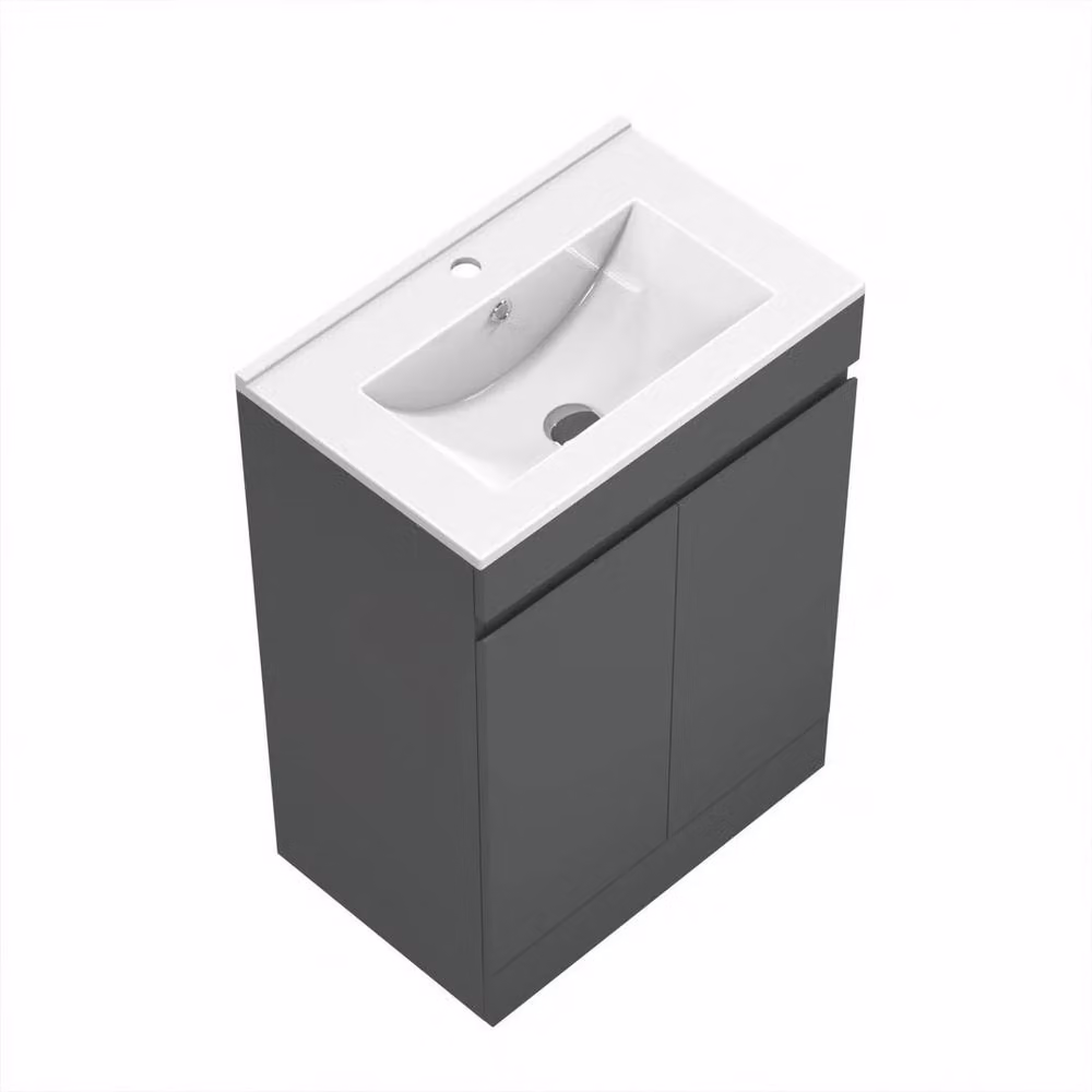 FORGEVIO Grey Modern Freestanding Bathroom Vanity Unit with Basin and LED Lighting – 3