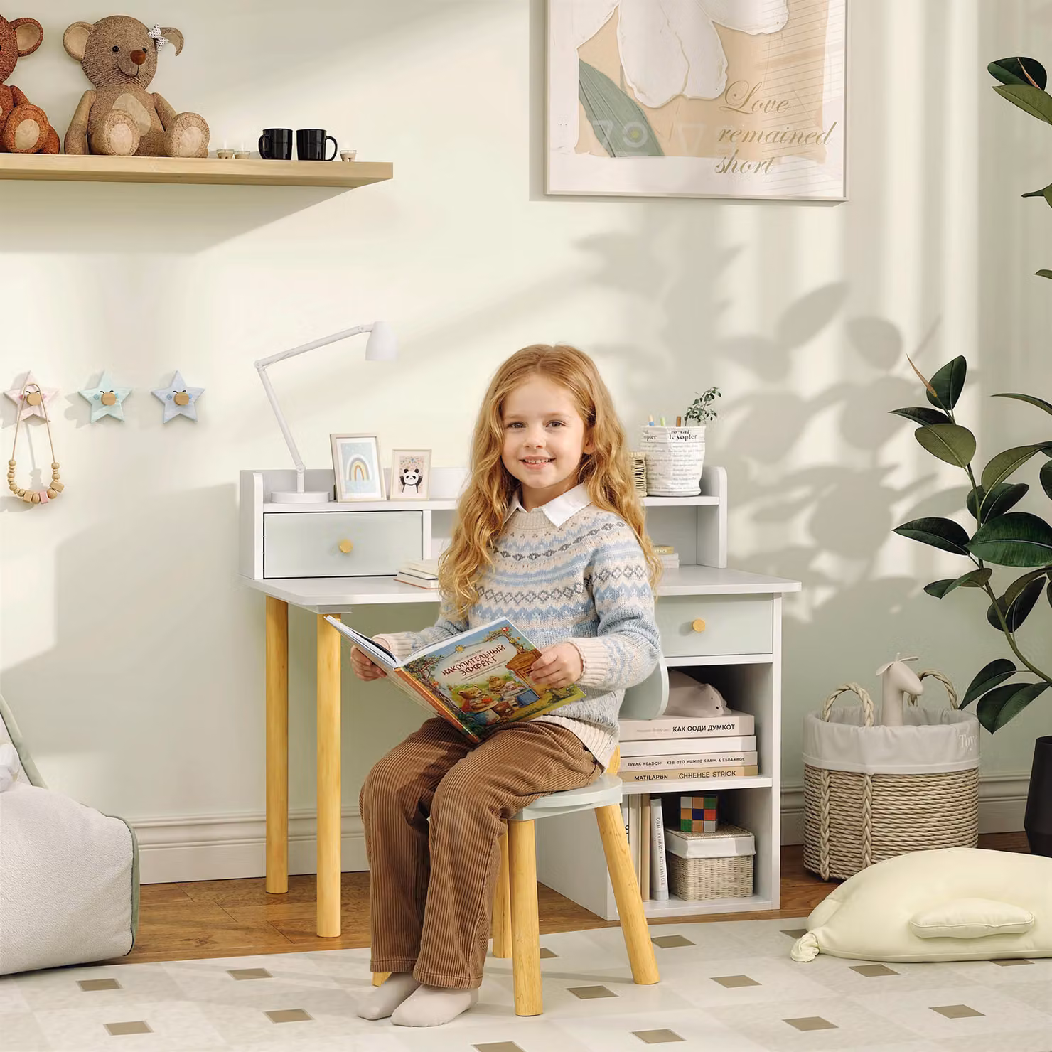 AIYAPLAY Two-Piece Childrens Study Table and Chair Set with Hutch, Shelves and Drawer, Green and White – 2