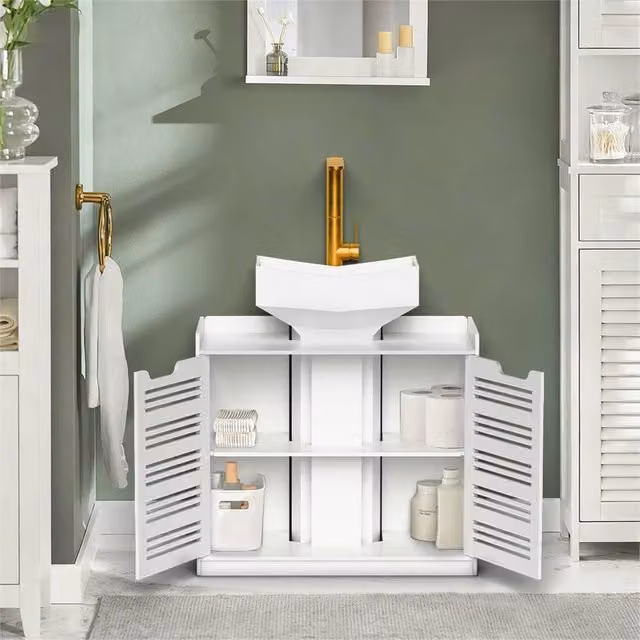 SPETLEK White Bathroom Sink Cabinet, Freestanding Under Basin Storage Unit with Hinged Doors and Internal Shelves