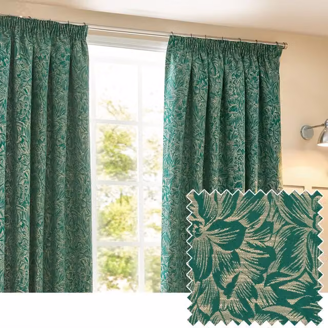 Wylder Nature Grantley Floral Jacquard Pencil Pleat Curtain Pair in Green, Width: 168 cm, Drop: 229 cm