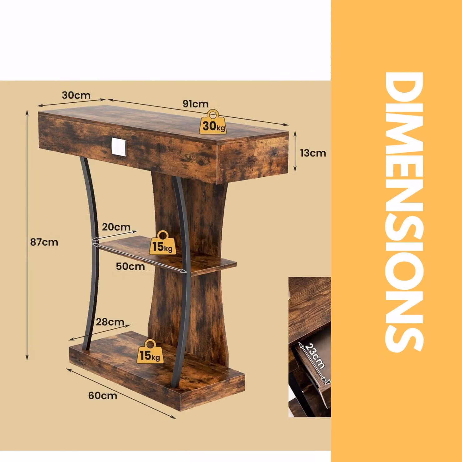 Pirlo Plush Industrial T-Shaped Console Table in Rustic Brown with Metal and Wood Construction, W/D/H: 87 x 30 x 30 cm – 3
