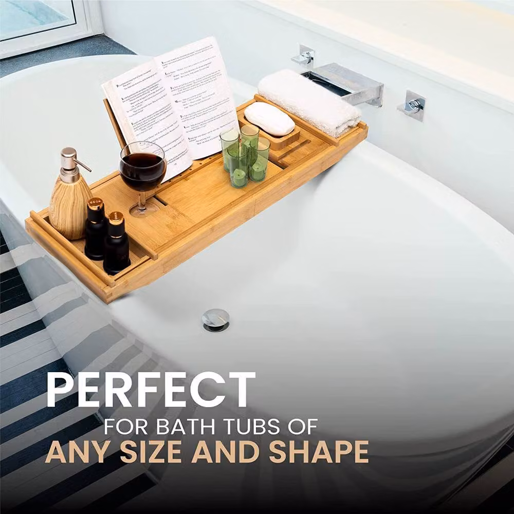 Simpa Bamboo Multifunction Extendable Bathtub Caddy Tray in Beige – 3