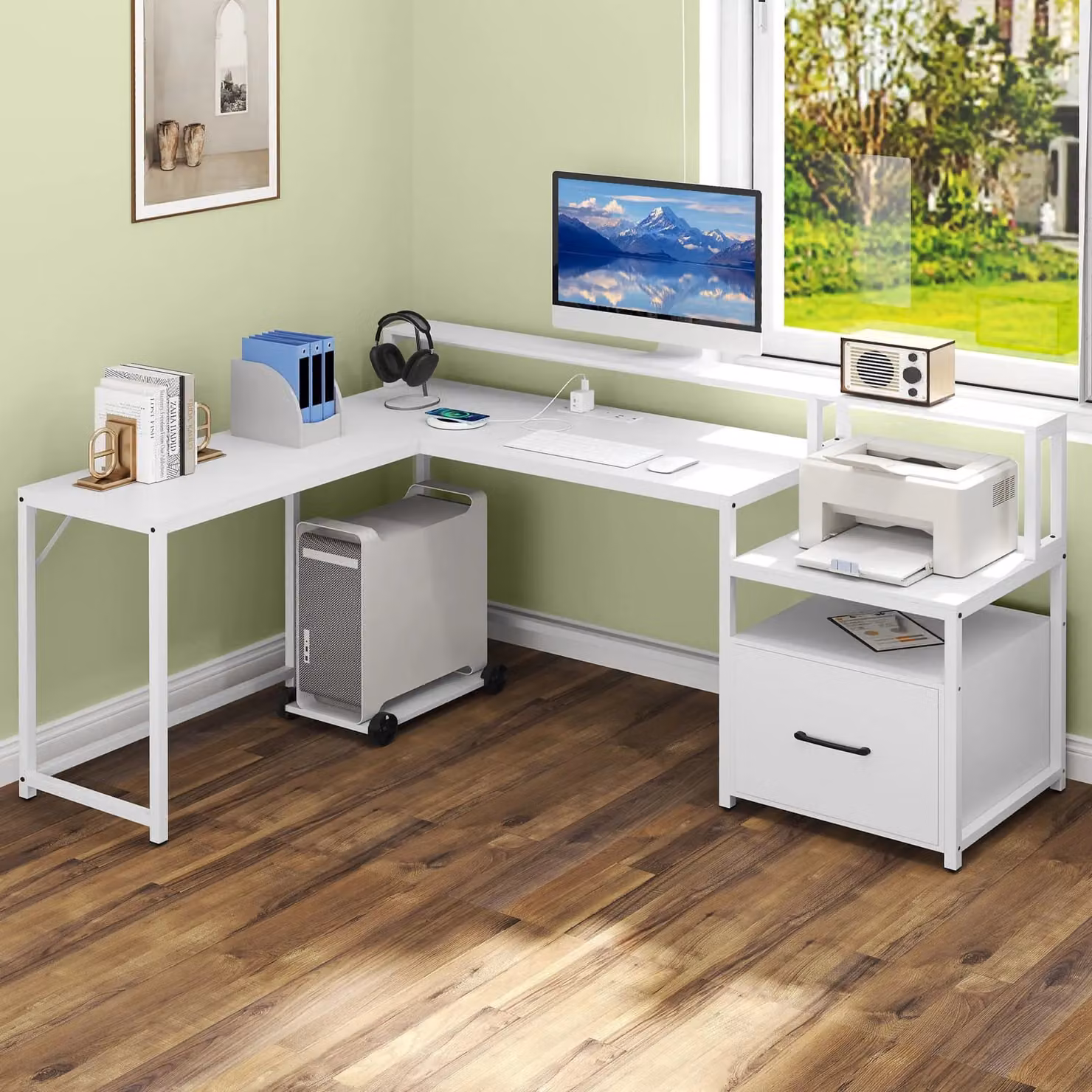 Gymax L-shaped Corner Desk with File Drawer and Power Outlet in White – 3