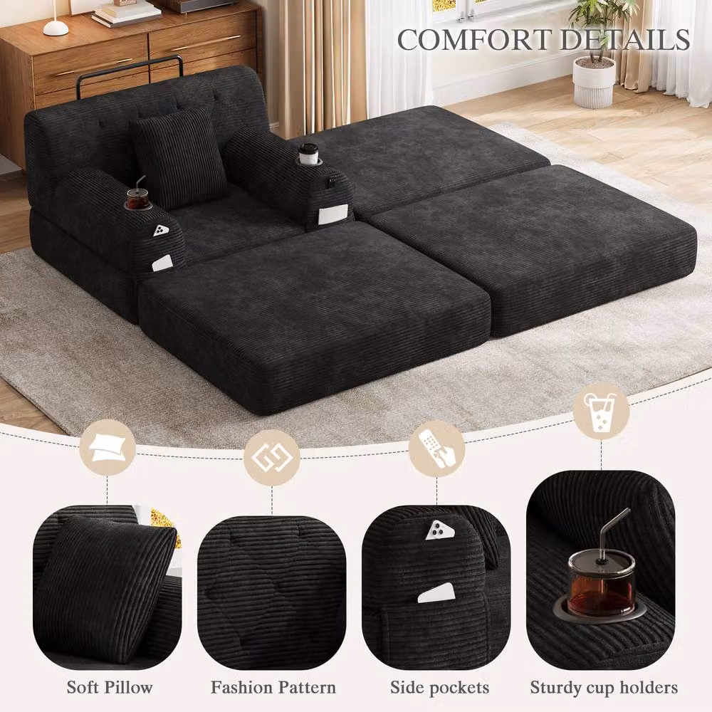 Matteo Black Corduroy Sleeper Chair with Ottoman and Storage Sofa Bed – 4