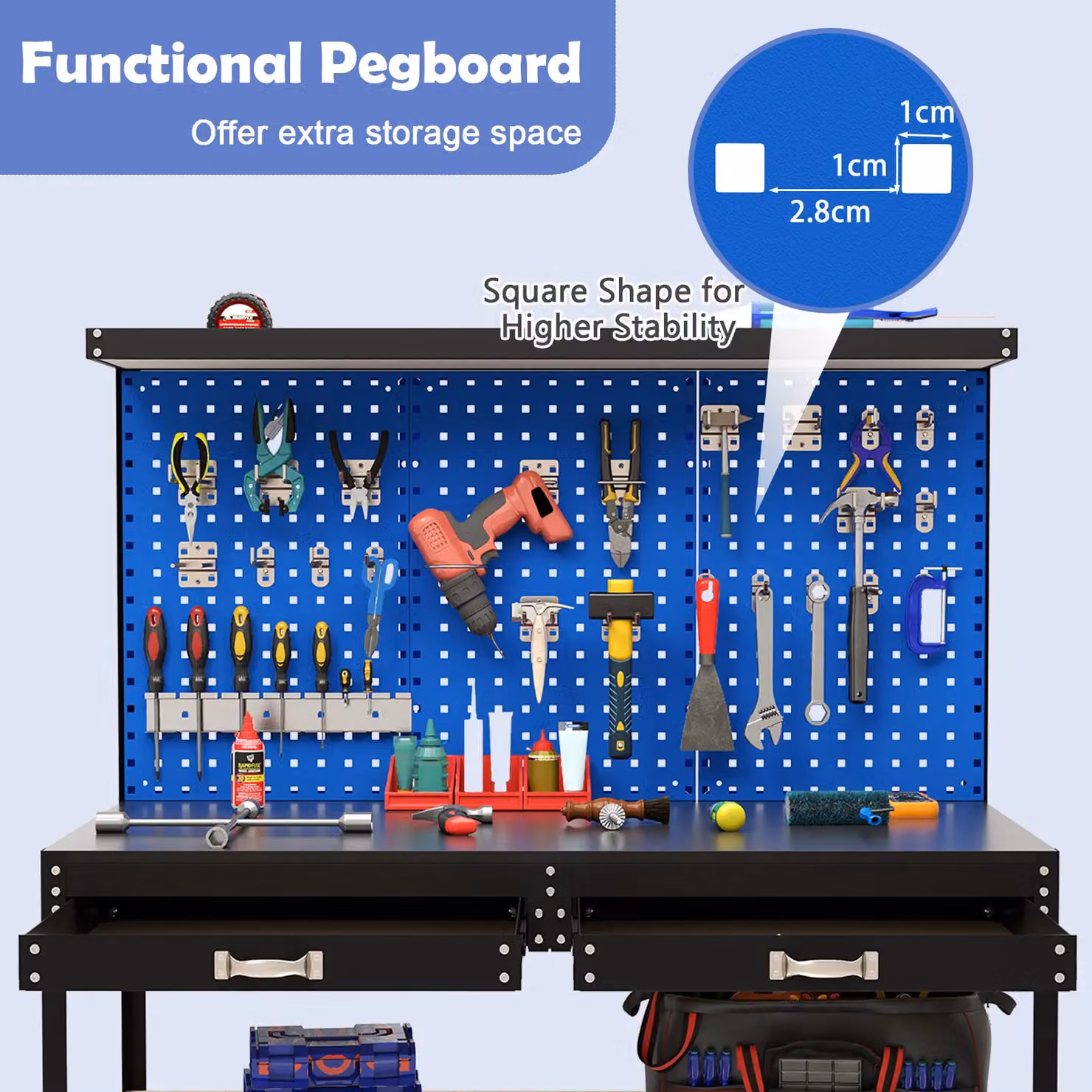 Gymax Metal Workbench with Large Pegboard and Shelves, Blue, W: 121 cm, D: 61 cm, H: 156 cm – 4