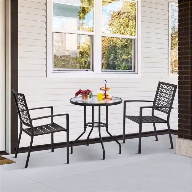 Yaheetech Set of 2 Modern Geometric Outdoor Patio Dining Chairs in Matt Black Metal