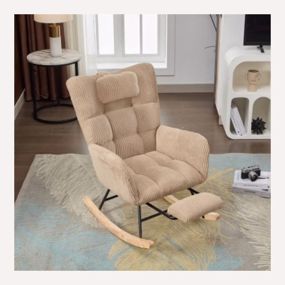 AKI HAUS Beige Corduroy Rocking Chair with Pull-Out Footrest – 2