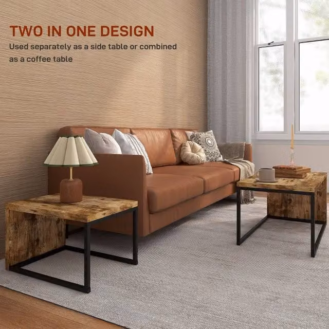 STILVORA Nest of 2 Industrial Coffee Tables with Metal Frame and Wood Tops in Rustic Brown and Black