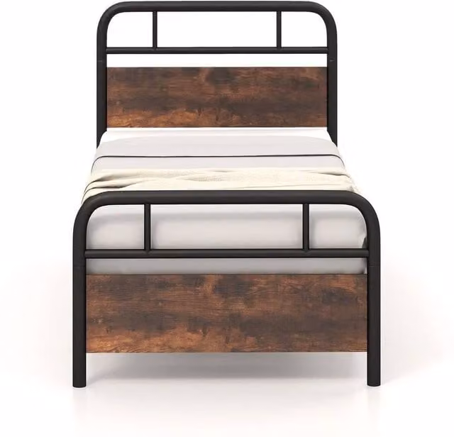 Kelvenix Single Size Metal Platform Bed Frame with Slats in Brown, W/D/H: 90 x 200 cm