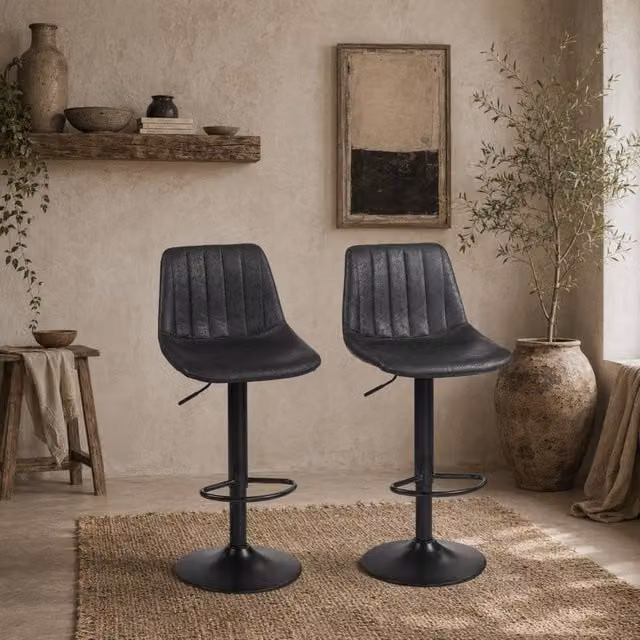 Wyld Haus Nalo Set of 2 Black Synthetic Leather Tub Style Bar Stools with 360 Degree Swivel and Metal Base