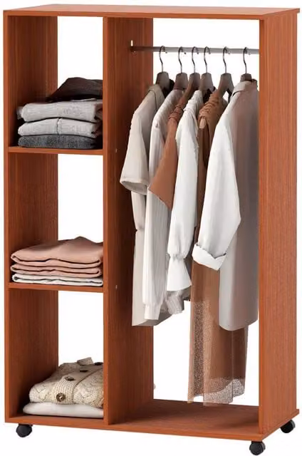 FORGEVIO Wardrobe on Wheels with Clothes Rail and Shelves in Brown Walnut – 1