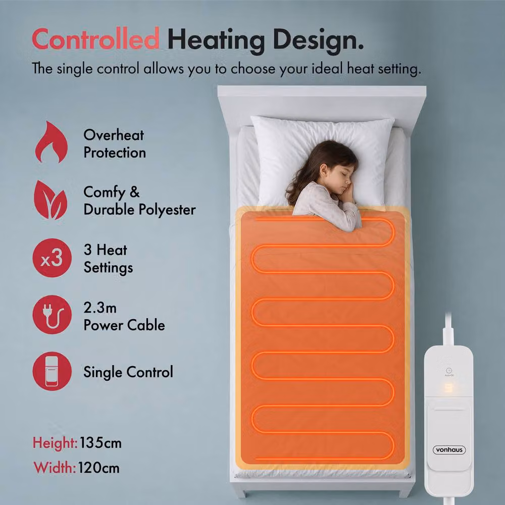 VonHaus Single Electric Heated Under Blanket in White, W/D/H: 90 x 200 cm – 4