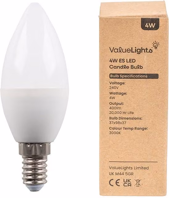 ValueLights 10 Pack E14 White LED Candle Bulbs, 4W, 400lm, 3000K Warm White