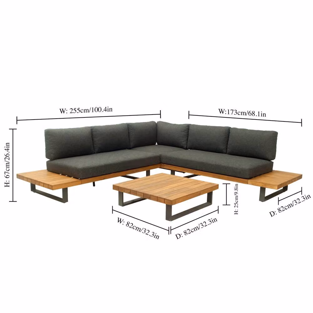 Dibor Acacia Wood Corner Garden Sofa Set with Cushions and Coffee Table in Grey – 2