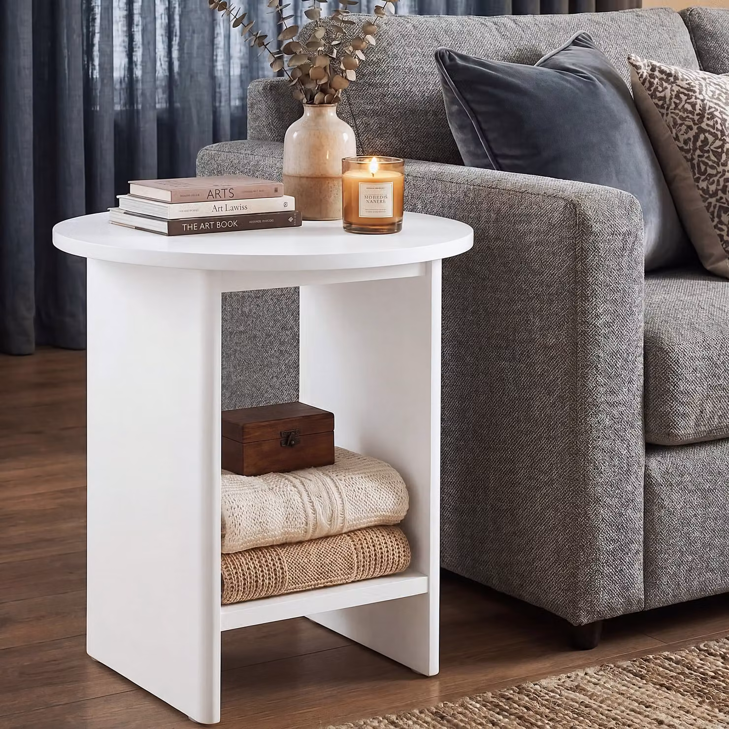 DHS Small Round White Side Table with Shelf, W/D/H: 45 x 45 x 50 cm