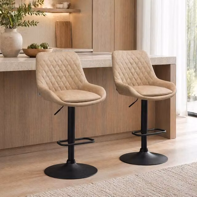 STILVORA Set of 2 Retro Swivel Bar Stools in Khaki Synthetic Leather with Metal Base