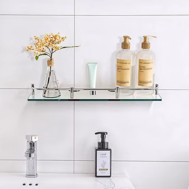 Garden Sanctuary Wall Mounted Silver Storage Organizer with 6mm Thick Tempered Glass Shelf