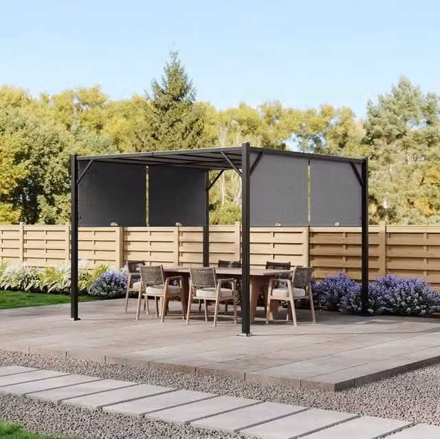 Livingandhome Outdoor Pergola with Retractable Canopy in Light Grey, W/D: 300 x 300 cm