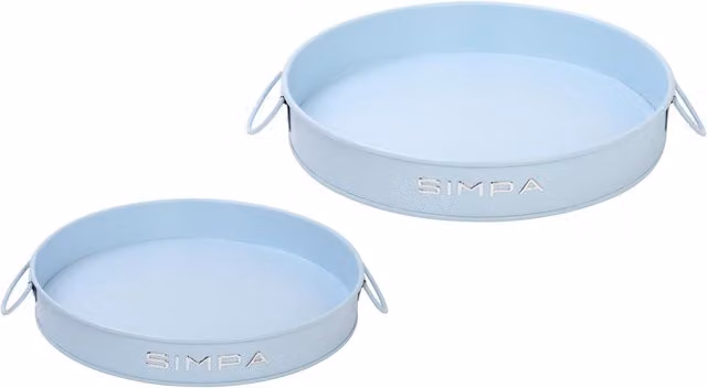 Simpa Set of 2 Round Metal Serving Trays with Handles in Matt Blue, Diameter: 30 cm and 25 cm