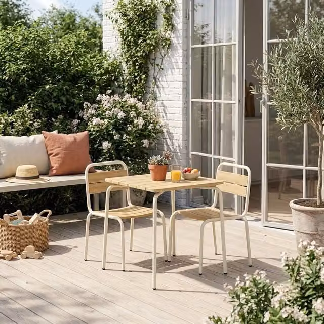 sweeek Children's Garden Table and 2 Chairs Set with Steel and Wood Decor in Beige