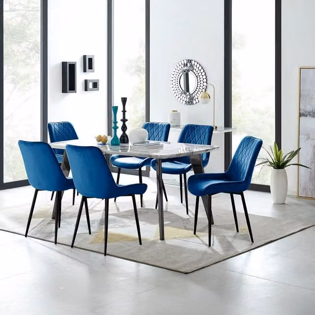 FurnitureboxUK Andria White Marble Effect Dining Table and 6 Pesaro Navy Blue Soft Velvet Chairs W/D/H: 160 x 90 x 75 cm – 1