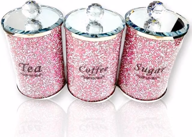 Biznest Set of 3 Geometric Crushed Crystal Diamond Glass Tea Coffee Sugar Canisters in Pink and Silver