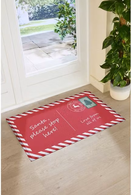 Artsy Mats Red Striped Christmas Santa Stop Here Large Rectangular Non-Slip Washable Doormat