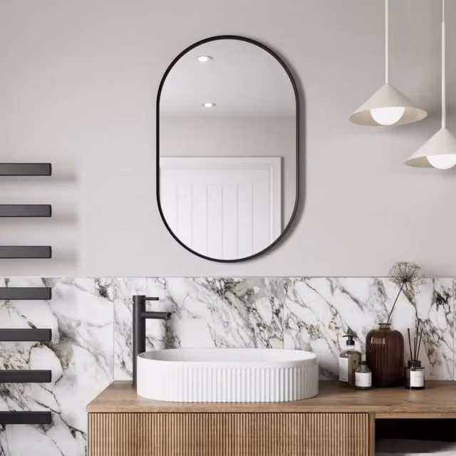 Bathwell Modern Oval Wall Mounted Bathroom Mirror with Matt Black Metal Frame, W: 50 cm, H: 80 cm
