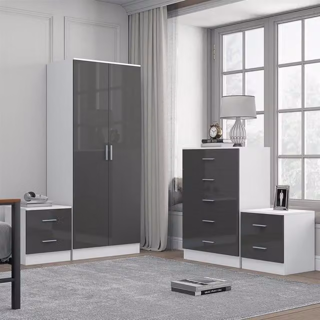 REFLECT Bedroom Furniture Bundle: 2-Door Plain Wardrobe, Chest of Drawers and 2 Bedside Tables in Grey Gloss and Matt White