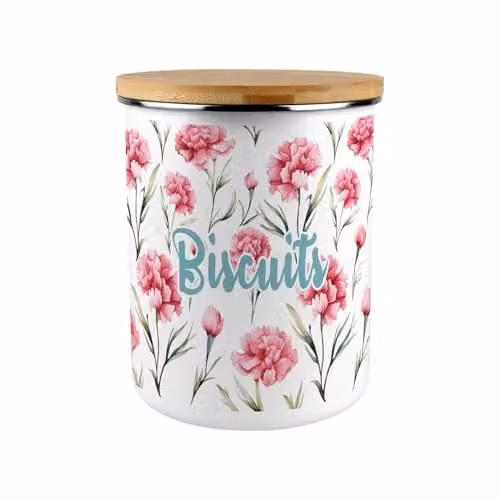 Purely Home Pink Carnations Floral Enamel Biscuit Storage Canister with Bamboo Lid, 2.7L