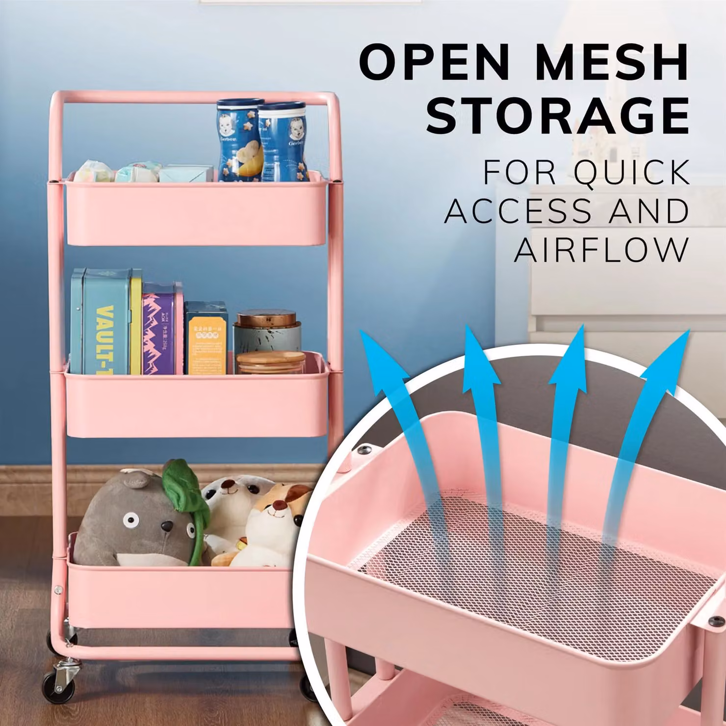 House of Home 3 Tier Metal Storage Cart on Wheels in Pink – 2