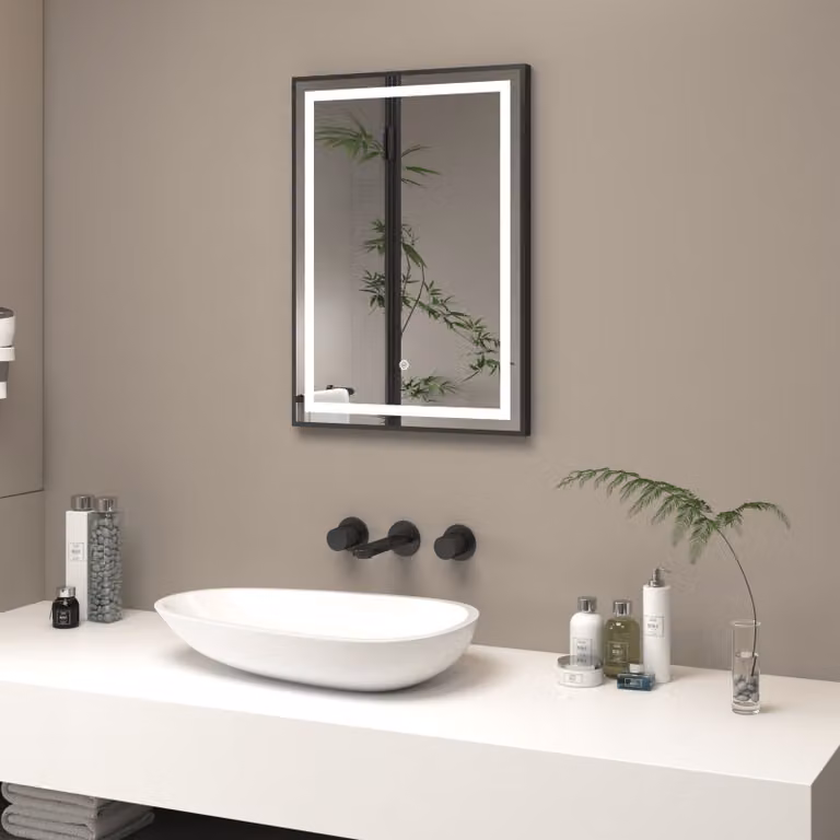 Royal Bathrooms Oslo LED Illuminated Framed Mirror in Matt Black, W: 50 cm, H: 70 cm, with Demister Pad and Touch Sensor