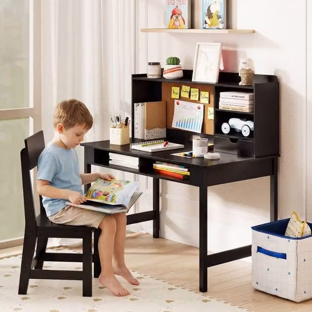 CASART Kids Wooden Study Table and Chair Set with Hutch and Shelves in Black – 1