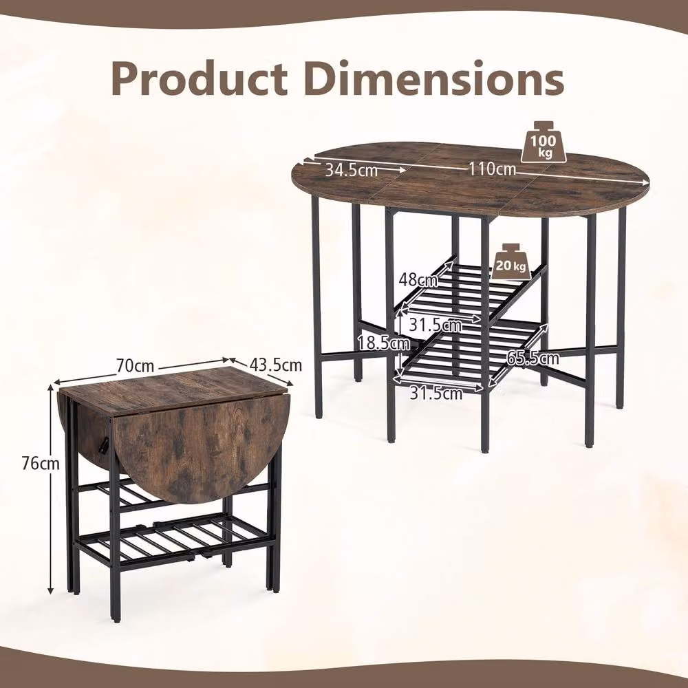 Costway Oval Folding Dining Table with 2 Drop Leaves in Brown – 2