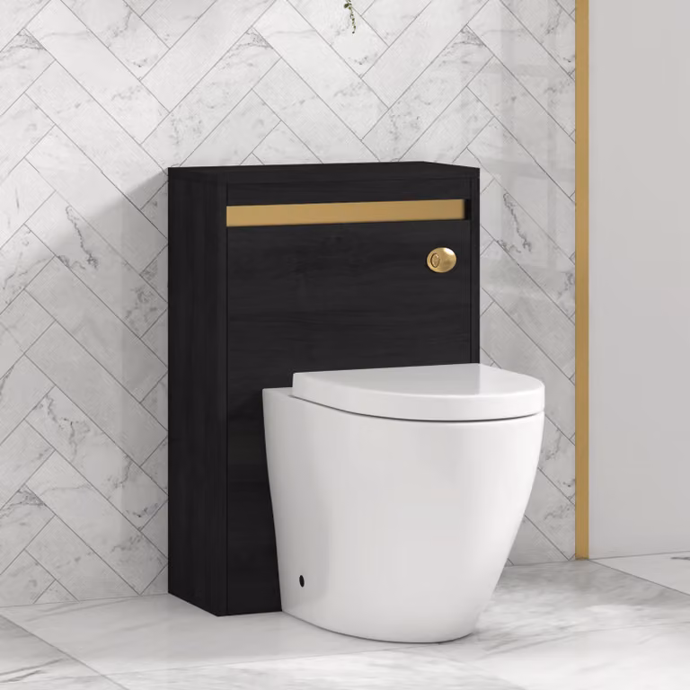 Royal Bathrooms Orion Hale Black BTW WC Unit with Elva Rimless Toilet Pan, Seat and Cistern, Brushed Brass Accent Trim, Width: 54 cm