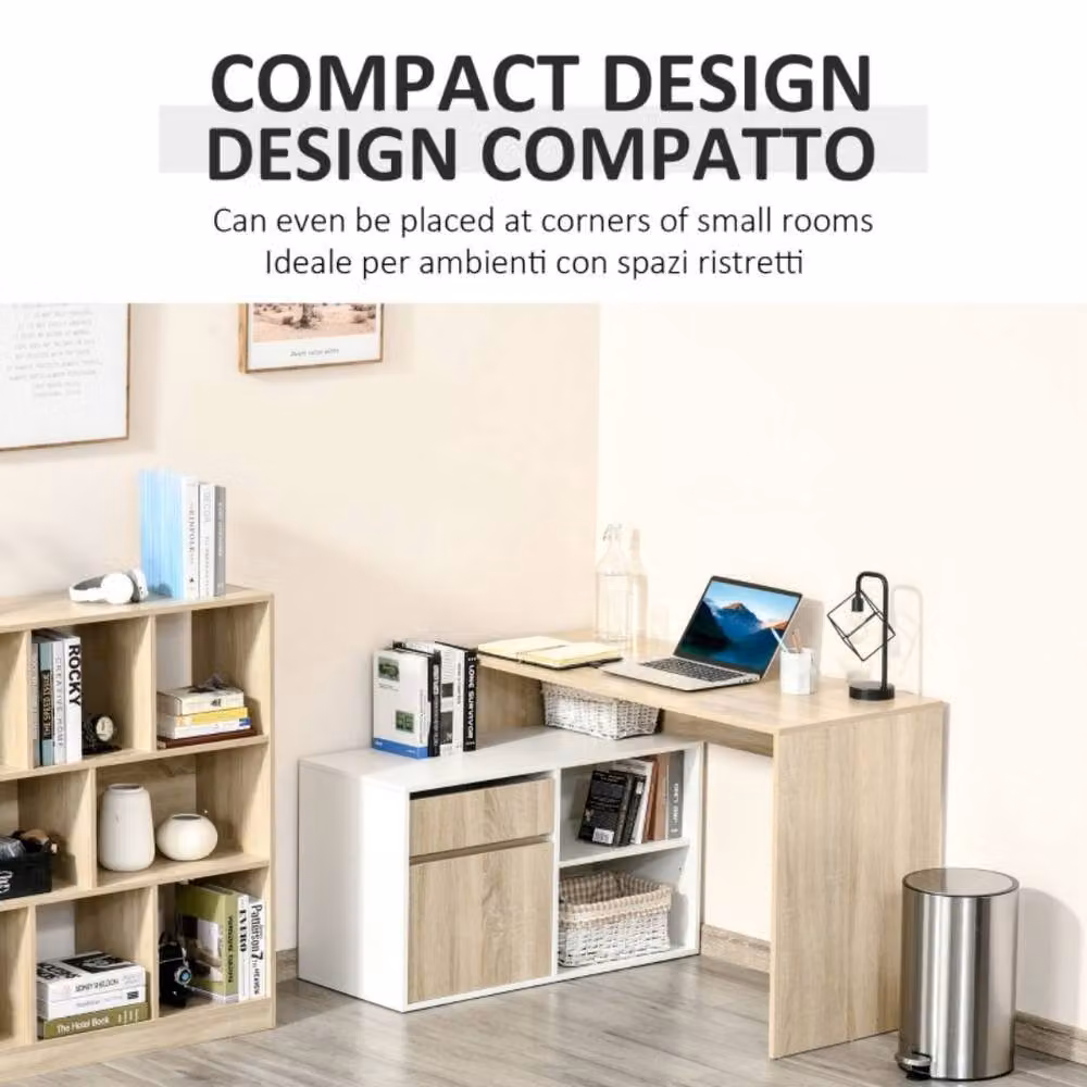 STILVORA Modern Oak L-Shaped Corner Desk with Drawer, Cabinet and Shelf in Light Oak – 3