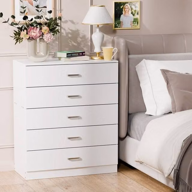 VOGREX 5-Drawer White Chest of Drawers and Bedside Table, W/D/H: 75 x 36 x 90 cm