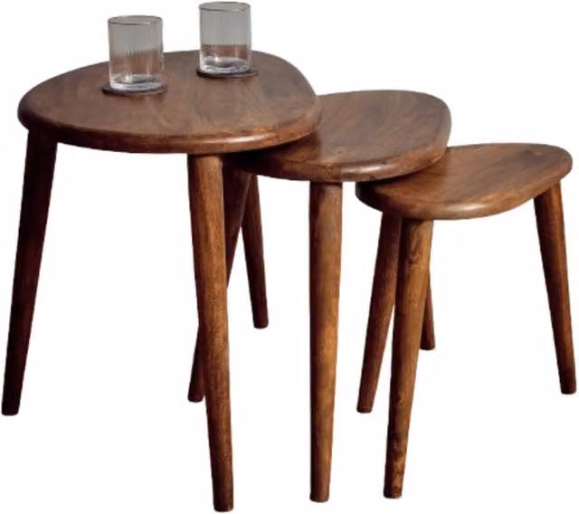 Elm Home And Garden 3 Piece Nesting Coffee Table Set - Round Solid Mango Wood Nest of Tables in Brown