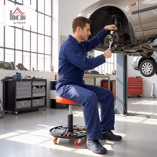 HOMCOM Pneumatic Adjustable Mechanic Stool with Castors, Red/Orange, Diameter: 40 cm – 2