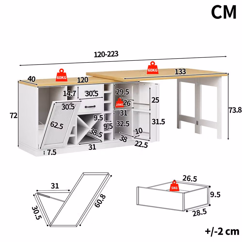 Merax Extending Kitchen Island Dining Table with Wine Rack and Bin Compartment in White – 4