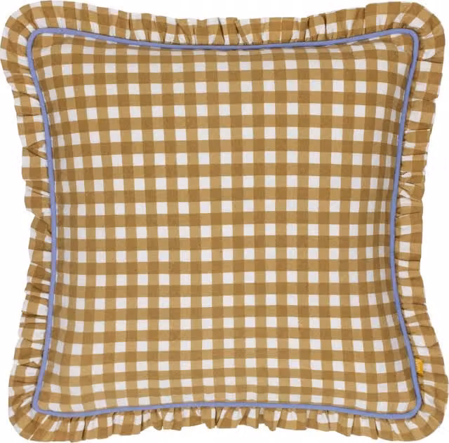 Maude Gingham Reversible Piped Feather Filled Square Cushion in Gold
