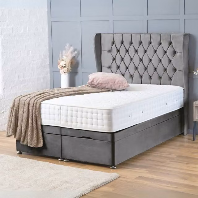 BSSPOKE Amelia Ottoman Divan Bed with 54 inch Headboard and Mattress in Grey Plush Velvet, W/D/H: 120 x 200 cm – 1