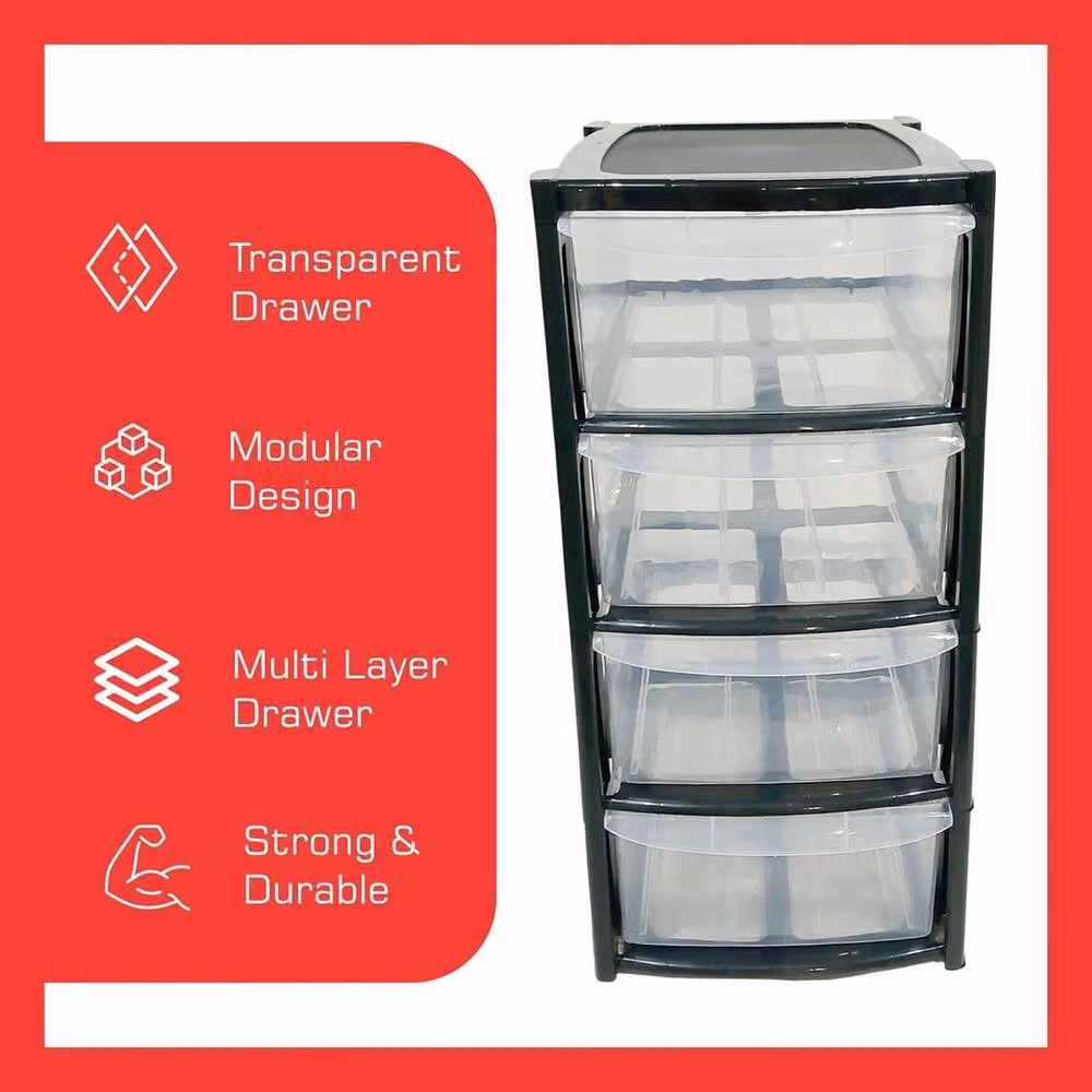 NESTLUNE 4-Tier Plastic Desktop Storage Drawer Tower Unit in Black and Transparent – 4