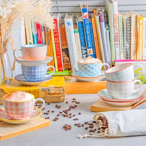 Nicola Spring Hand Printed Floral Cappuccino Cup and Saucer Set, Multicolour Stoneware, 12 Pieces, 250ml – 2