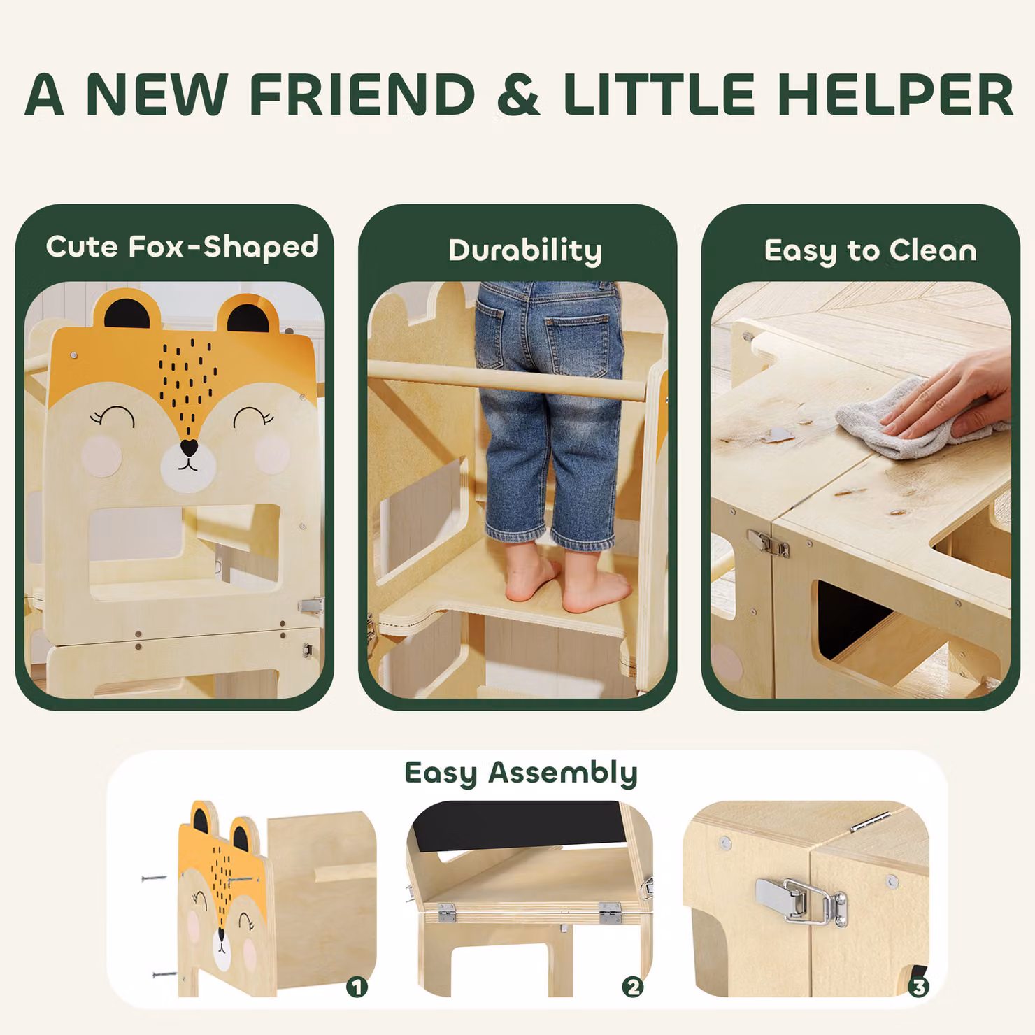 AIYAPLAY 3-in-1 Fox-Shaped Toddler Step Stool and Standing Tower with Chalkboard in Natural Brown Wood – 5