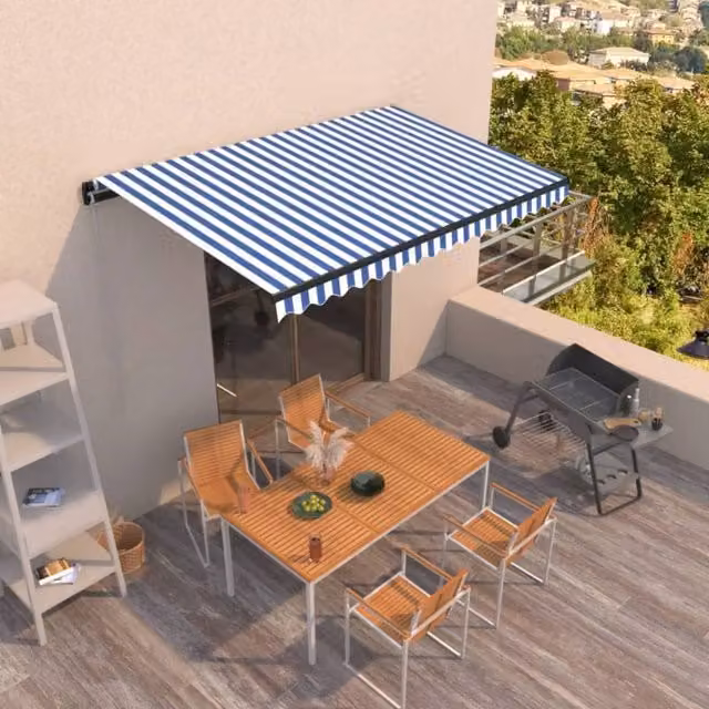 Berkfield Home Manual Retractable Folding Arm Awning in Blue and White Striped Polyester with Aluminium Frame, W: 400 cm, D: 350 cm – 1