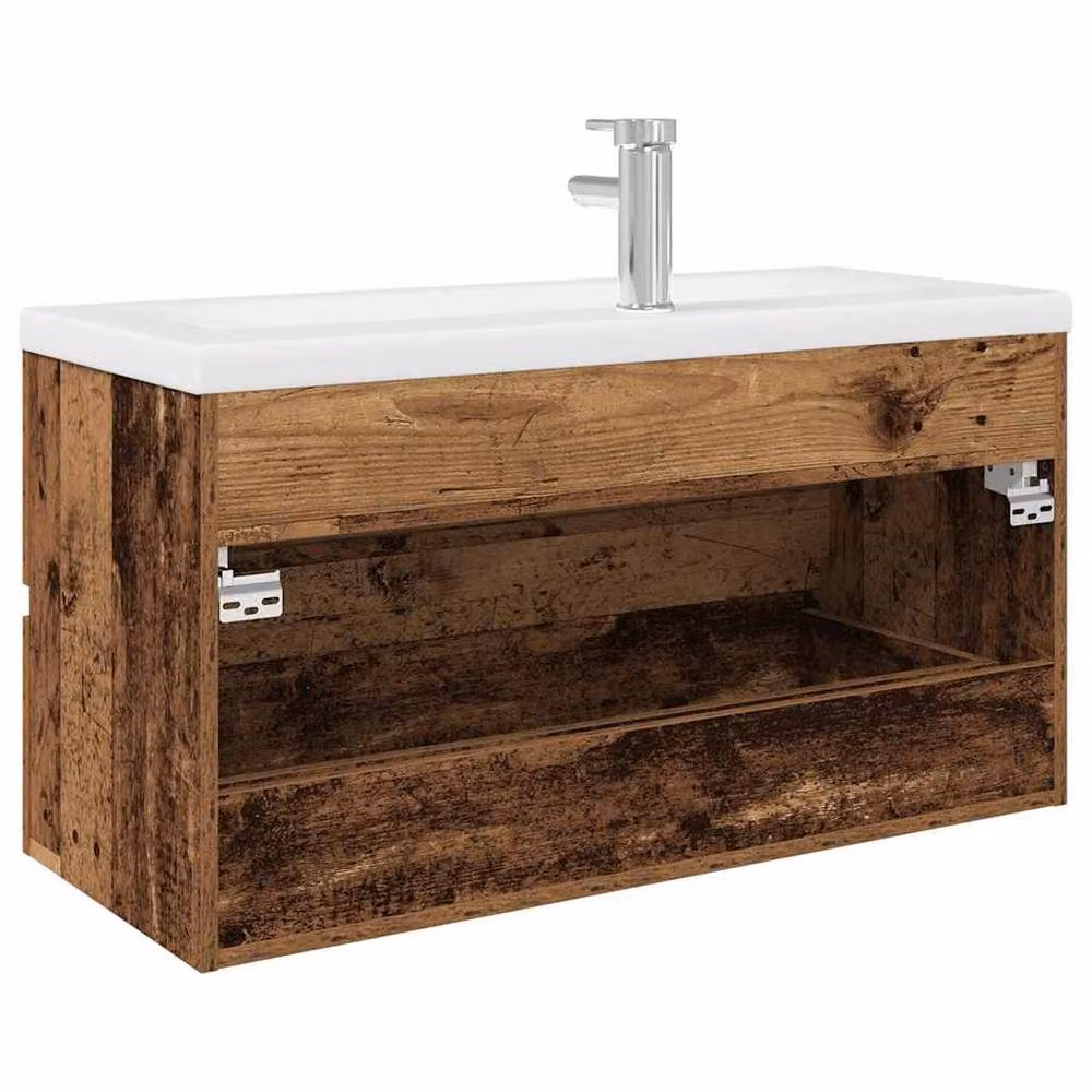 Berkfield Home Wall Mounted Rustic Sink Cabinet with Built-in Basin and Faucet in Brown Old Wood – 4
